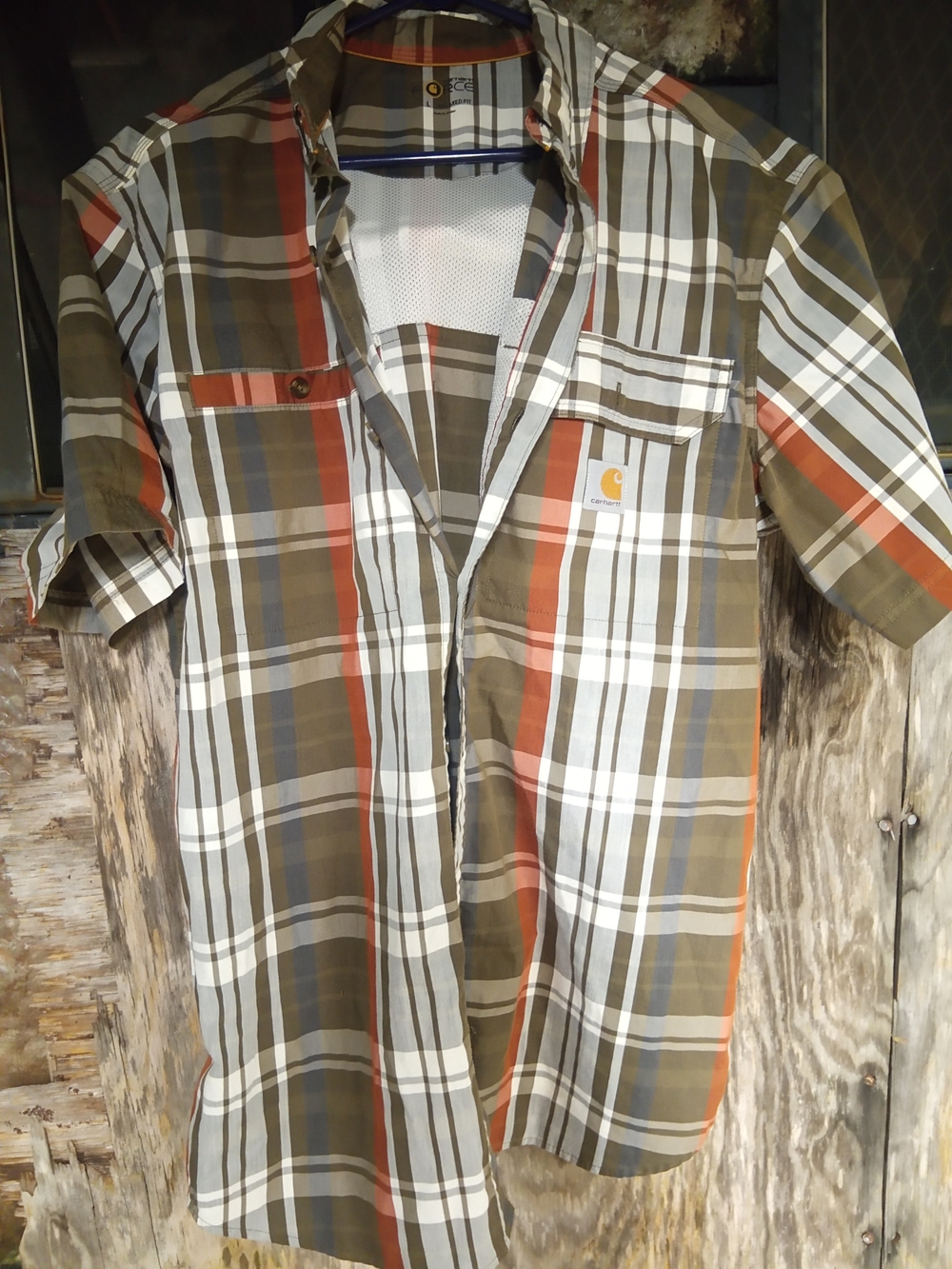 Carhartt Men's Short-Sleeve Plaid Button-Down Shirt - Olive/White/Orange